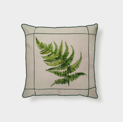 Capa Almofada Linho Drapeado Samambaia c/ Viés Verde 43x43cm