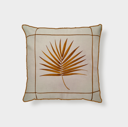 Capa Almofada Linho Drapeado Folha c/ Viés Laranja 43x43cm